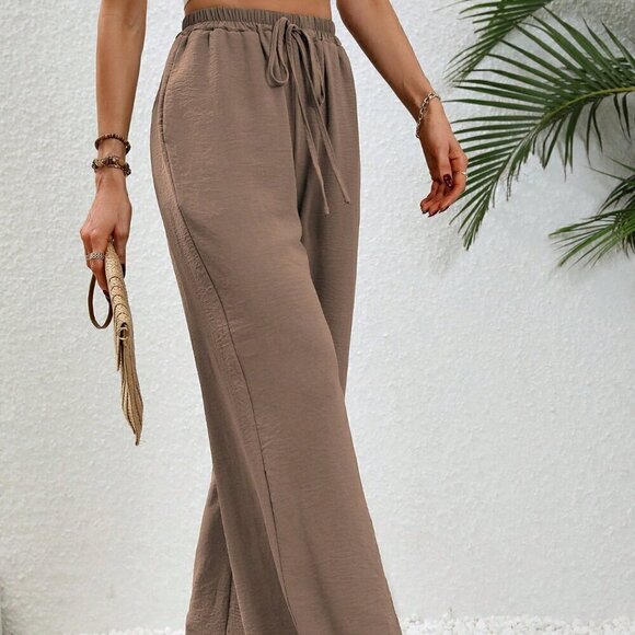 Coffee Brown Casual Women's Summer Drawstring Elastic Waist Wide Leg Pants - Picture 5 of 6